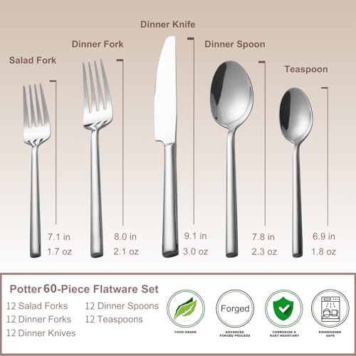 Silver Flatware Set for 12 - 60 Pieces Forged Stainless Steel Cutlery - Mirror Finish