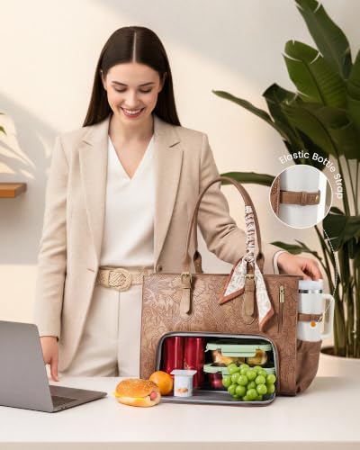 Retro Brown Embossed Work Tote Bag with Lunch Compartment for 15.6 Inch Laptop