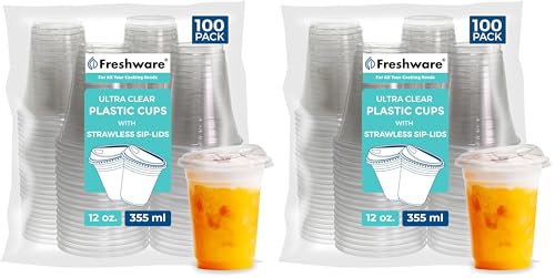 Freshware 12 oz Clear Disposable Plastic Cups with Strawless Sip