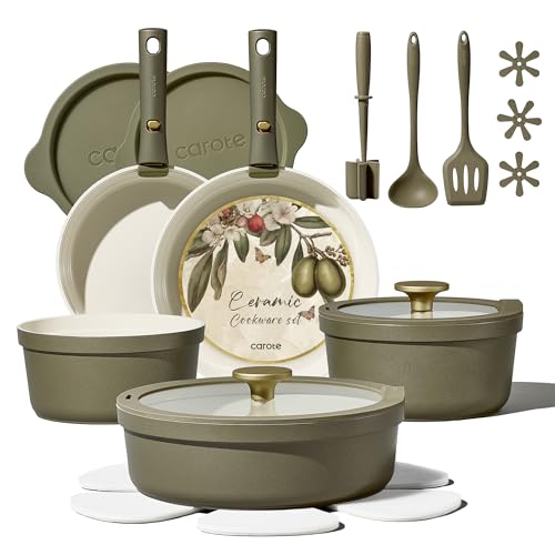 Green Ceramic Cookware Set 21 Pieces Nonstick Pots and Pans - Safe & Space Saving
