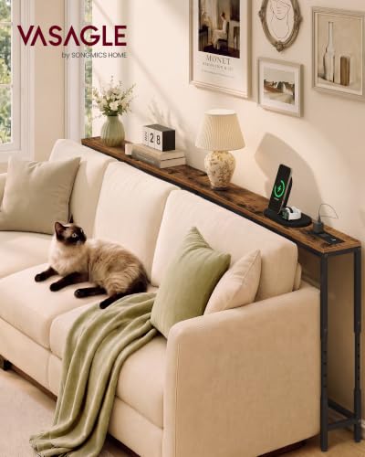 Adjustable Console Table with Power Outlet - Rustic Brown & Matte Black, 78.7"