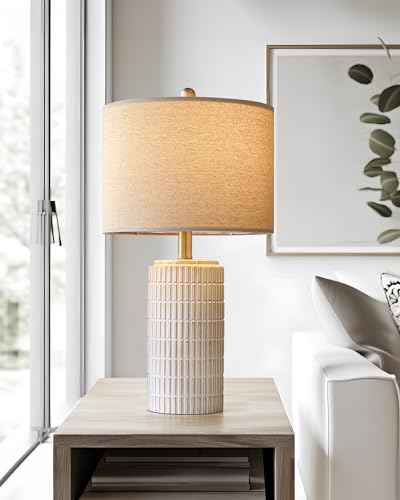 PoKat 23'' Bedside Table Lamp for Bedroom Nightstands - Beige & White