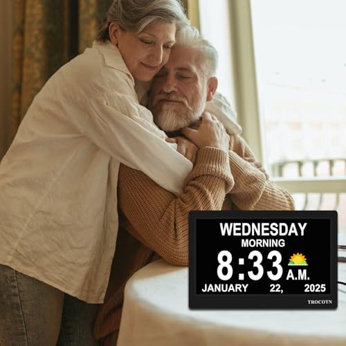 10 Inch Digital Calendar Alarm Clock for Seniors - Large Display, Auto DST, 5 Modes, Day Date Time