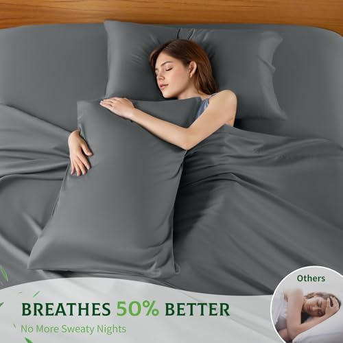 SONORO KATE Bamboo Rayon Bed Sheets Set - Dark Grey King, Deep Pocket, 4-Piece