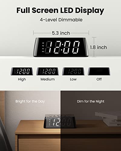 JACKYLED Black Alarm Clock with 4 USB Chargers & Power Outlets, Dimmable LED Display
