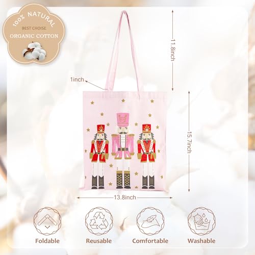 Loveinside Pink Nutcracker Christmas Canvas Tote Bag Reusable Holiday Shopping Bag