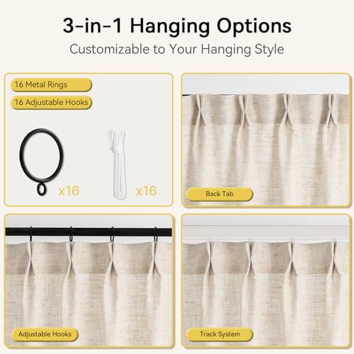 Three Girls Natural Linen Pinch Pleated Curtains 40"W x 90"L Set of 2 - Light Filtering Window Drapes for Living Room & Bedroom