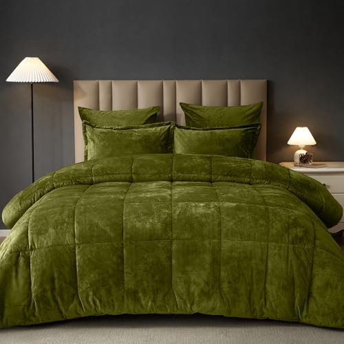Double Velvet Comforter Set - King Olive Green 5-Pc Winter Bedding