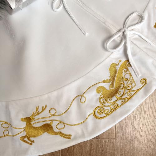 Ivory 60-Inch Velvet Christmas Tree Skirt with Gold Reindeer & Santa Embroidery, Lace Ties