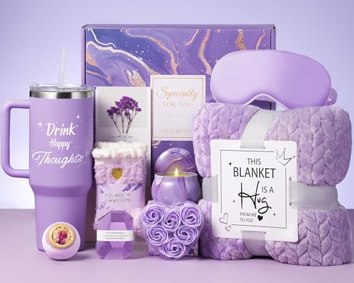 Lavender Self Care Gift Basket with Blanket & Tumbler for Women - Get Well Soon Relaxation Set