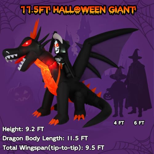 11.5FT Animated Grim Reaper & Dragon Halloween Inflatable - Moving Head, Glowing Eyes