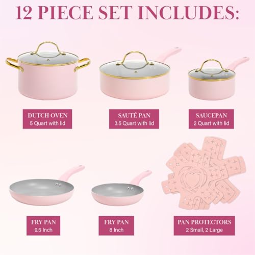 Pink 12-Piece Nonstick Cookware Set with Tempered Glass Lids & Stay Cool Handles - Paris Hilton