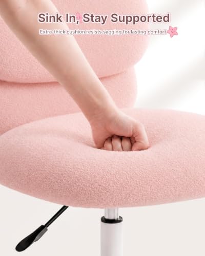 Pink Vanity Chair with Plush Teddy Fleece Bear Backrest - Movable Home Office Desk Seat