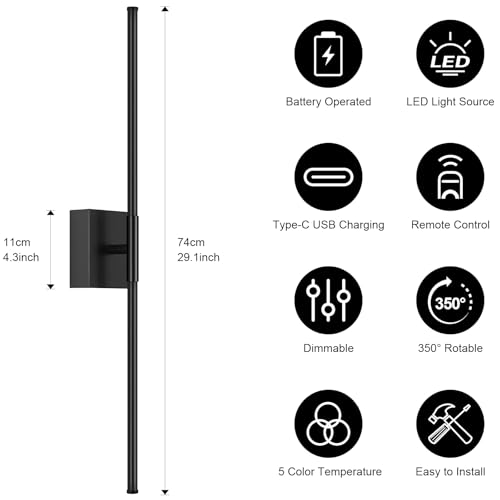 Black 29.1 Inch Battery Operated Dimmable LED Wall Sconce Set with Remote Control