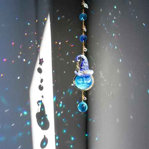Crystal Hanging Ornament Witch Hat with Crytsal Prisms Sun God Smiley Face Decorative Sun God Halloween Decor for Window, Patio, Garden, Car