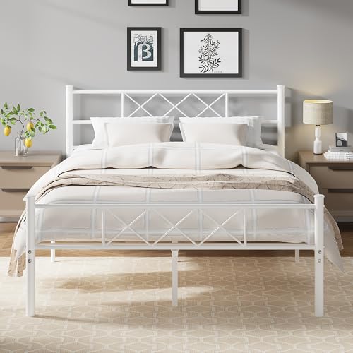 Full Size Bed Frame with Headboard - Pure White, Heavy Duty Metal Slats, Easy Assembly