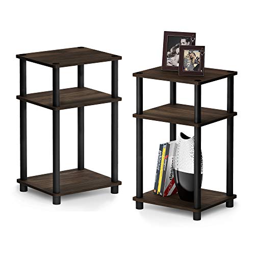 Furinno 3-Tier Side Table Set - Columbia Walnut Black, 2-Pack, Round Tubes