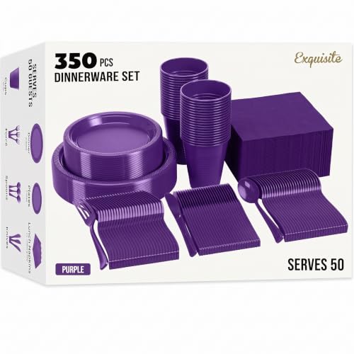Purple Disposable Party Plates Set - 50 Dinner, 50 Appetizer & Cups with Napkins & Utensils - Variation of THIS listing