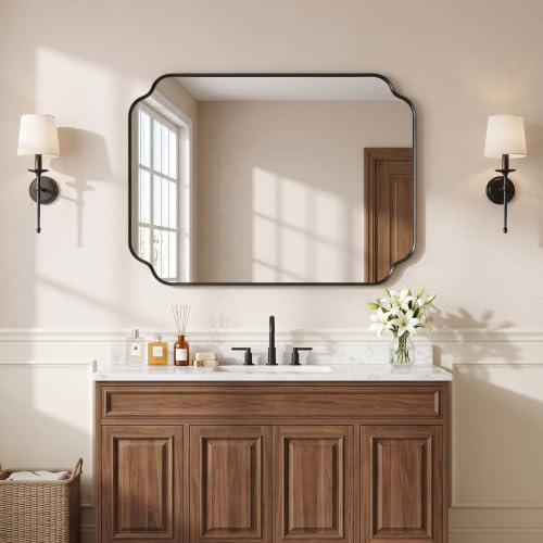 40x30 Inch Bathroom Wall Mirror with Scalloped Frame - Black, HD Shatterproof Glass