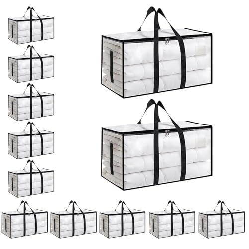 Clear Heavy Duty Moving Bags 12 Pack Waterproof Storage Totes with Handles & Zippers - Foldable Dorm & Storage