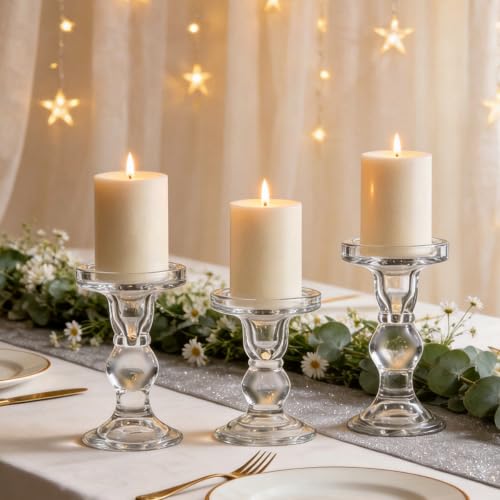 12 Pcs Clear Glass Candle Holders Set of 3 Heights - Pillar & Tealight Candlestick Holders