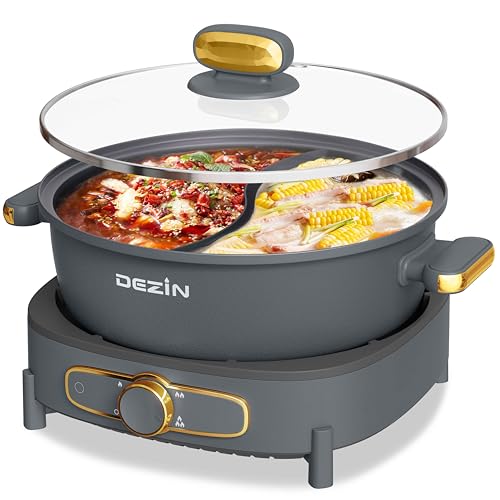 Dezin 6L Electric Hot Pot with Divider - Gray, Adjustable Power, Non-Stick
