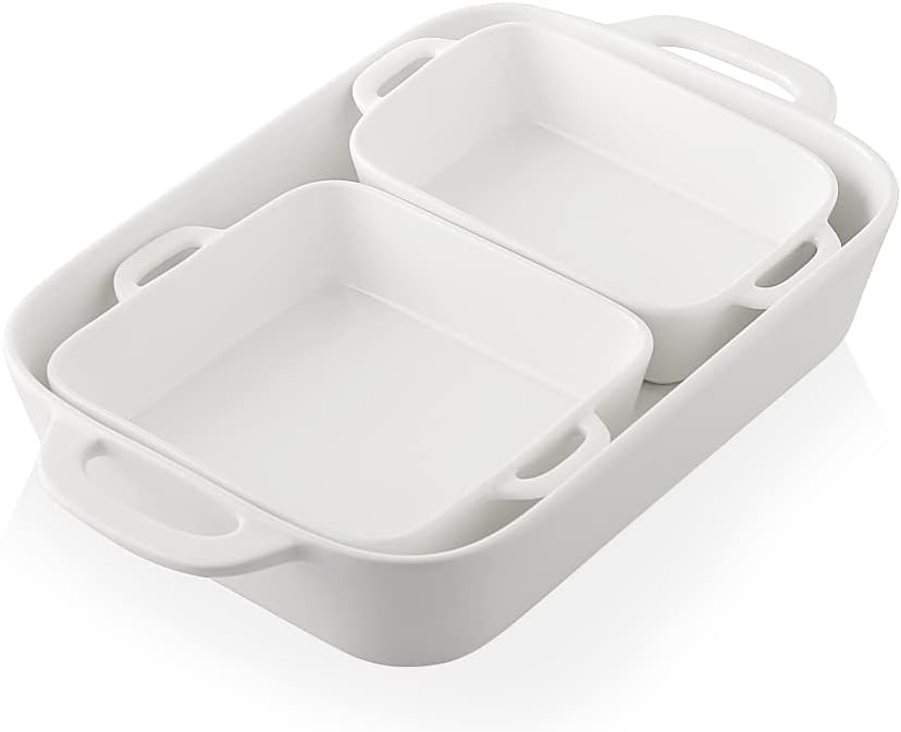 Sweejar Ceramic Bakeware Set - Rectangular Baking Dish for Casseroles & Cakes | White Porcelain Oven Dishes