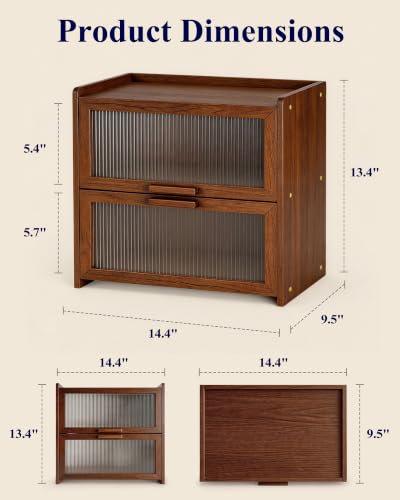 Kitsure Wooden Bread Box with Double Layers, Large 14.4 x 9.5 x 13.4 in, Brown Kitchen Storage