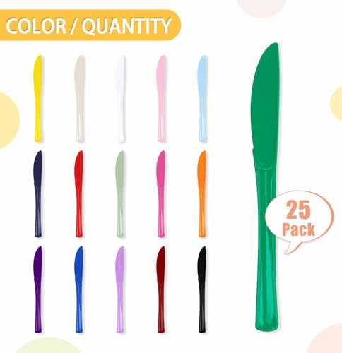 SietDESEO 25 Pcs Green Disposable Knife Set - Heavy Duty Plastic Cutlery for Birthday, Wedding, Baby Shower