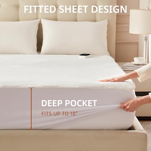 Bwarm White Queen Multi-Zone Sherpa Fleece Heated Mattress Pad with Dual Controls