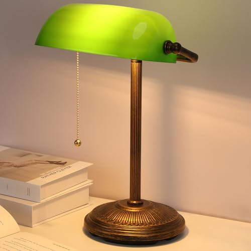 Small Retro Gold Green Glass Bankers Desk Lamp with Pull Chain Switch