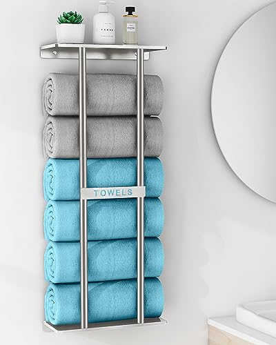 Wall-Mounted Bathroom Towel Rack with Metal Shelf - Brushed Nickel, 30 Inch, Holds 6 Large Towels