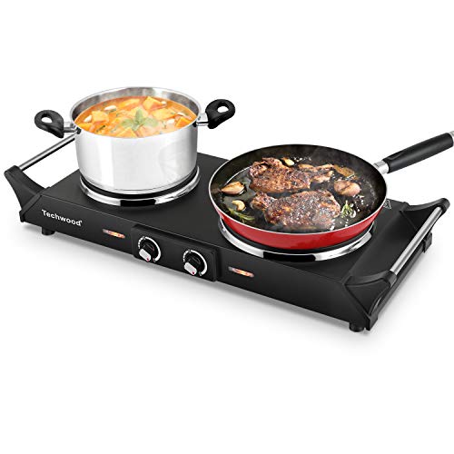 Techwood Double Hot Plate Electric Stove 1800W with Adjustable Temperature, Black Stainless Steel