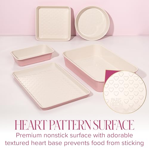 Paris Hilton 5-Piece Heart Pattern Bakeware Set - Pink Nonstick Pan Collection