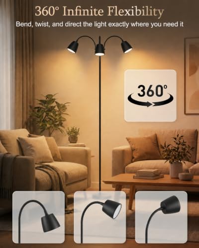 RUISHINE 1700K Ultra-Warm 3-Head Floor Lamp with Stepless Dimming & Remote