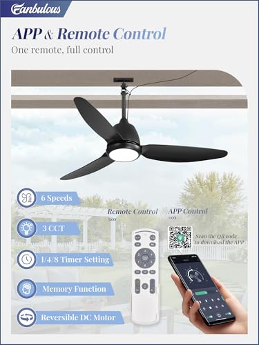 Fanbulous 42-Inch Black Outdoor Ceiling Fan with Lights, IP65 Waterproof, Remote Control