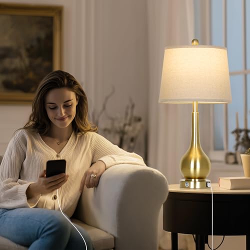 Gold 26-inch Table Lamps Set of 2 with Touch Control & USB Ports - Modern Bedside Lighting - Variation: Gold - 26H