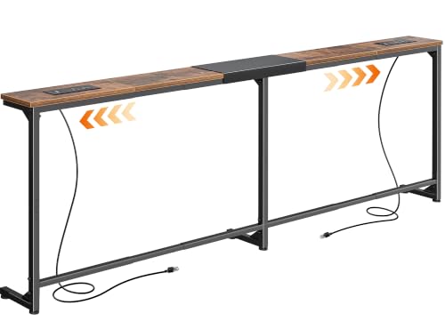 Huuger Extendable Behind Couch Table with Outlets, Rustic Brown 63.4-78.3"