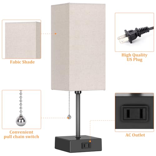 Black Linen 15-Inch Bedside Table Lamp with 3 Color Modes & USB Outlet