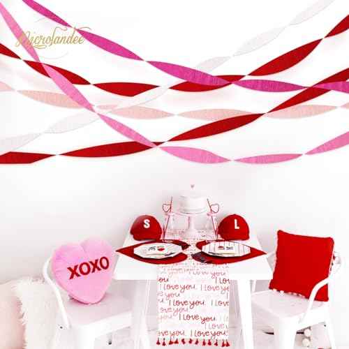 NICROLANDEE 5 Rolls Pink Red White Crepe Paper Streamers for Wedding, Birthday, Valentine's Day Decorations, Bachelorette, Bridal Baby Shower, Backdrop or Photo Booth