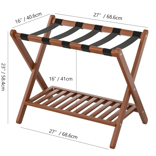 Natuvite Foldable Bamboo Luggage Rack with Storage Shelf - Chestnut Brown 1Pcs