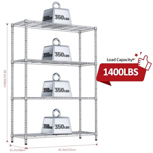 Heavy Duty Metal Wire Shelving Unit - Adjustable Storage Rack for Garage, Kitchen, Office, Warehouse - Silver, 15.8"D x 45.8"W x 59.4"H, 1400 lbs Capacity, Chrome Variation