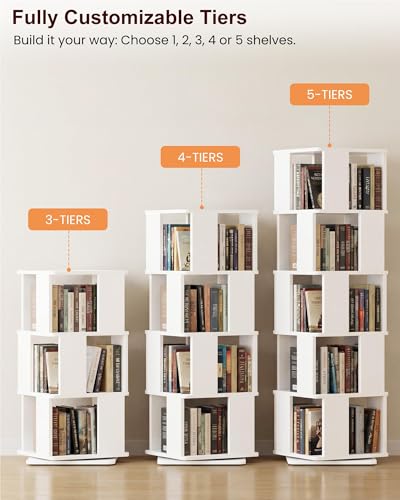 White 5-Tier Rotating Bookshelf Tower, 360° Spinning Book Shelf