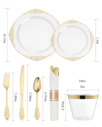 Gold Plastic Dinnerware Set for 50 Guests - Elegant Disposable Party Plates & Utensils