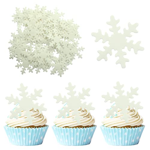 50Pcs White Edible Snowflake Cupcake Toppers Snowflakes Cake Topper Decorations for Christmas Winter Holiday Frozen Theme Babyshower Birthday Wedding Party Supplies