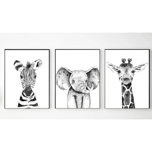Safari Animals Wall Art Prints Set of 3-11x14 - Unframed - Zebra, Giraffe, Elephant Baby Animals Artwork - Decor for Nursery, Kids Room Decoration