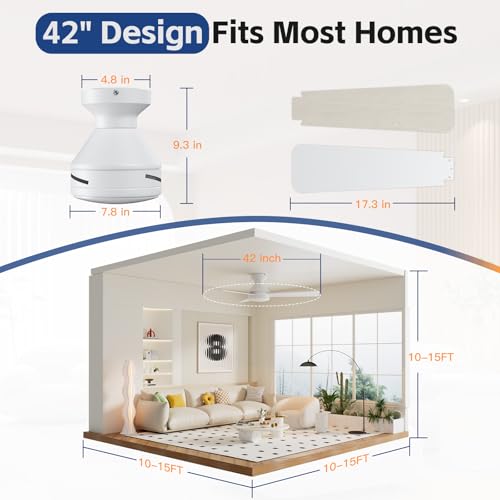 42 Inch Flush Mount Ceiling Fan with Lights and Remote - White, 3CCT, 6 Speed