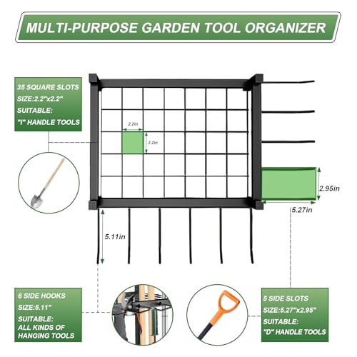 Garden Tool Organizer Rack with Hooks and Storage Bag - Metal Yard Storage for Garage, Shed, Patio