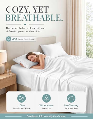 Full Bed Sheets Set - White 450TC Long-Staple Cotton Sateen, Deep Pocket