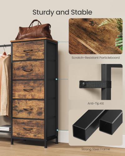 SONGMICS Rustic Brown Dresser with Hanging Rod, 5 Fabric Drawers, Bottom Shelf - 3-in-1 Closet Organizer